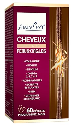 Vitamines pour les Cheveux, la peau et les ongles Essence Pure | Biotine, Collagène, Argousier, MSM, Saw Palmetto | Perte de cheveux Femmes et Hommes | Traitement d'un mois | 60 gélules Api-Nature