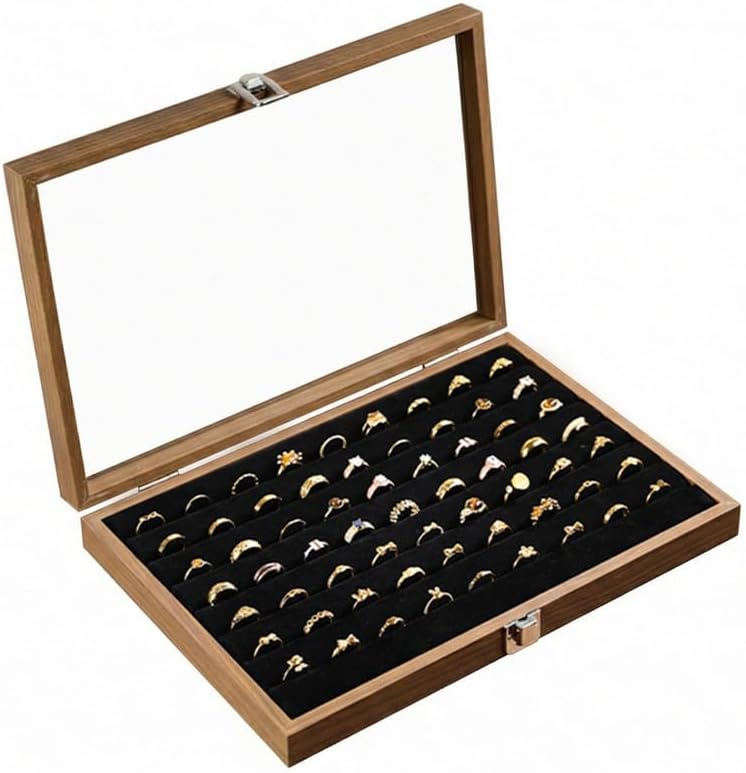 2‑Pack Walnut Wood Ring Jewelry Box Set, 100‑Slot Ring Display Case image 2