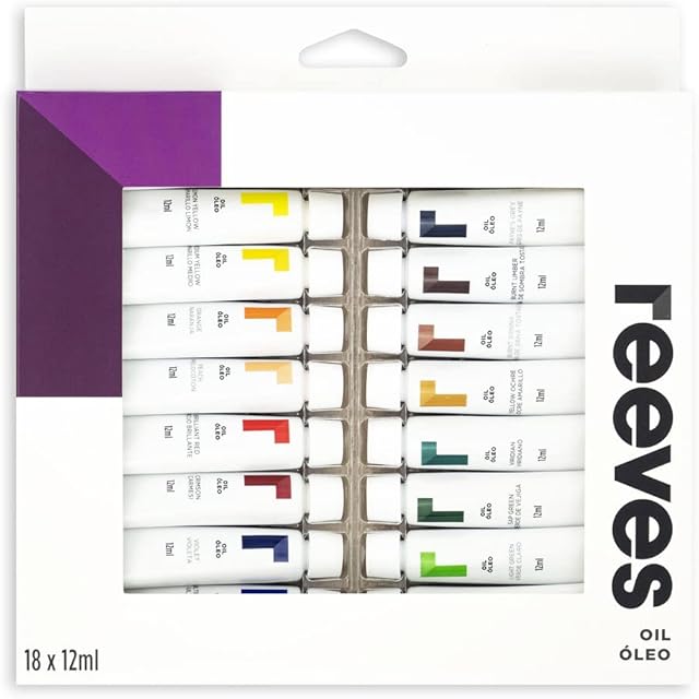 Reeves Oil Paint Set - Highly Pigmented Oil-Based Colours for Students, Hobbyists, and Artists, 18 Pack 12ml Tubes