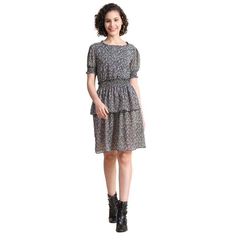 Image of Cicica Women's Black Georgette Textured Print Layered Western Dress | Dress for Women | A line Dress | Winter Dress | Western Dress | Women Dress | Trendy Dress | Midi Dress