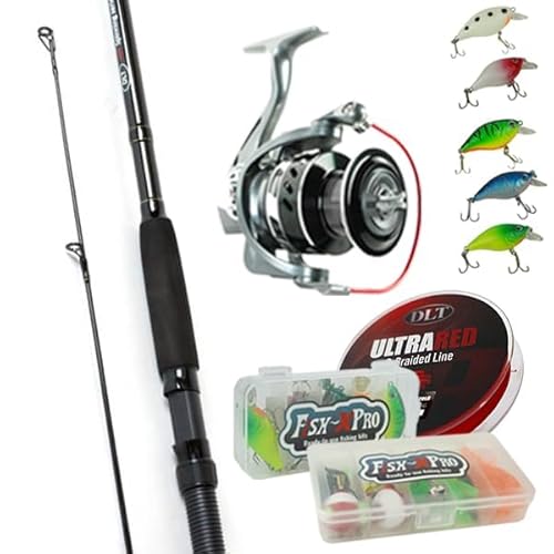 DLT Pursuit Spinnrute Komplett 2,70M - Angelrute Set - Angelrute mit Rolle und Geflochtener Angelschnur - inkl. Köder - Inkl Tacklebox mit Zubehör