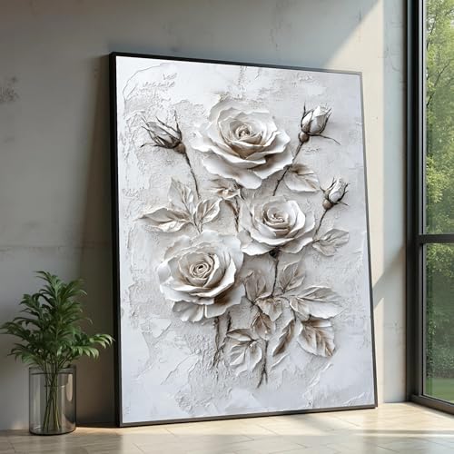 Tableau sur toile roses blanches impression botanique neutre décoration murale 30x40