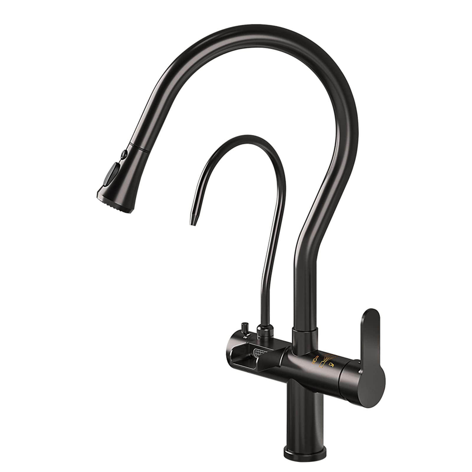 Mitigeur de cuisine 3 voies pour eau filtrée et vaisselle facile avec douchette gris