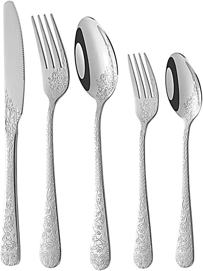 Cutlery Set, Stainless Steel Flatware Set,transparent plastic， Spoon Knife and Fork Set,20-Piece Set of Rose Printing Cutlery Set Kitchen Silverware Tableware Main Stainless Steel Knife and Fork Spoon