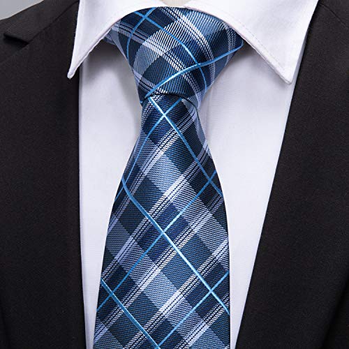 Image of Barry.Wang Plaid Ties Check Mens Necktie Set with Handkerchief Cufflinks Classic Stripe
