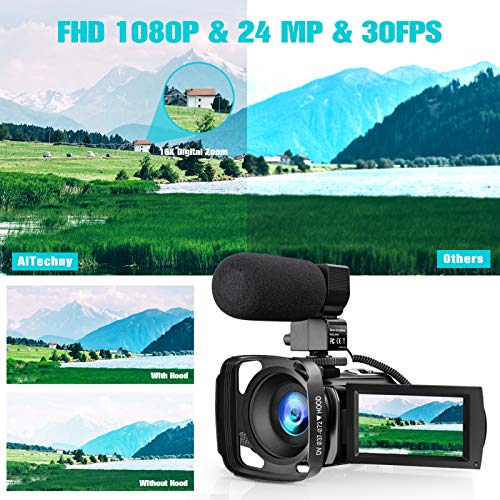 New Upgrated Video Camera Camcorder for YouTube, FHD 1080P 30FPS 24MP Vlogging Cameras Digital Camera with Microphone Webcam Recorder with Remote Control, Lens Hood, 3.0 Inch 270° Rotation Screen