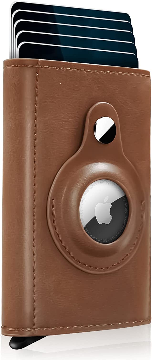 Senbos Minimalist Wallet with AirTag Holder, Premium PU Leather Airtag Wallet, Automatic Pop Up RFID Blocking Credit Card Holder with Built-in AirTag Case Front Pocket Money Clip Bifold Purse for Men brown