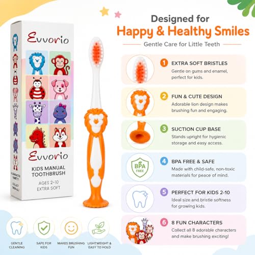 Image of Toothbrush for Kids with Ultra Soft Bristles for Oral Cleaning, Suitable For 2-12 Years Toddlers, Lion Design, Orange Pack of 1