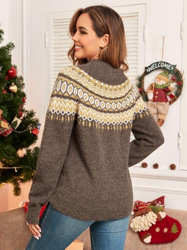 ZAFUL Women's Fair Isle Sweater Christmas Knitted Sweater Long Sleeve Floral Printed Pullover Tops3