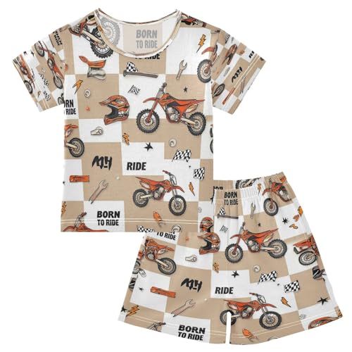 Pajama Sets Short Sleeve Motorcycle Theme Pattern Design Soft Cotton Summer Sleepwear 2 Piece PJS Size 5-14T