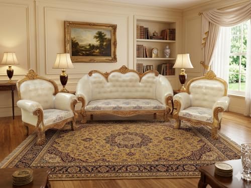 Image of Wooden 5 Seater Sofa Set | 3+1+1 Solid Wood Hand-Carved White Sofa | Traditional Design Furniture for Living Room | Home | Office Seating