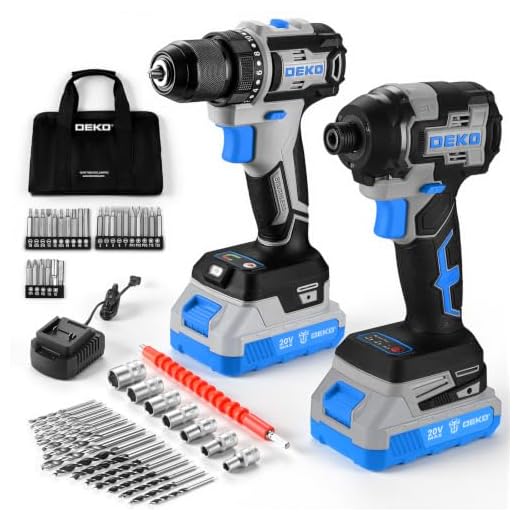 Cordless Drill & Impact Driver: DEKOPRO 20V Brushless Power Drill and 20V Brushless Impact Driver Set, Power Tool Set with 2 x 2.0Ah Batteries, Charger, Bag& 52 x Accessories-Blue