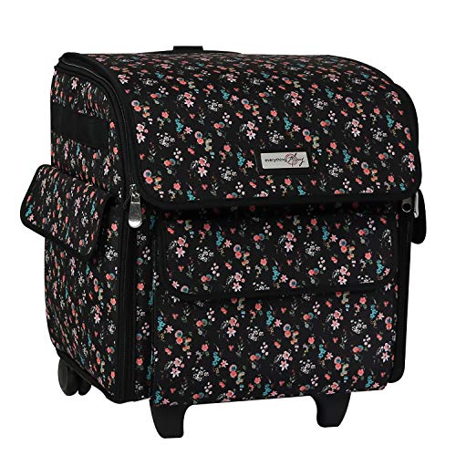 Everything Mary Collapsible Serger Machine Rolling Storage Case, Black Floral - Carrying Bag for Overlock Machines - for