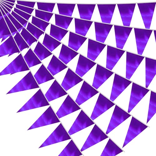 Image of 40M /130FT Purple Triangle Pennant Banner Flag Metallic Fabric Bunting Garland for Christmas Graduation Wedding Engagement Anniversary Bachelorette Birthday Bridal Shower Valentines Hen Party Supplies