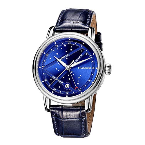 Image of ROCOSJEWE Men's Luxury Automatic Mechanical Watch, Luminous Night Sky Leather Strap, Waterproof, Date Display, Fashion Business Watches for Men RW0108, Blue, Classic,Business,Elegant