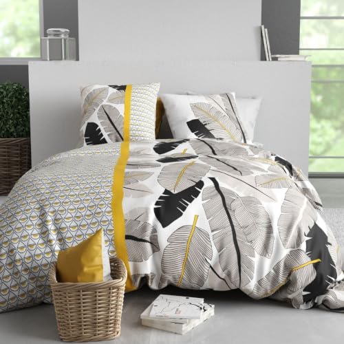 AltoBuy Parure Housse de Couette 240x220cm + 2 taies Motif Palmiers Noir et Jaune 100% Coton - Amarante