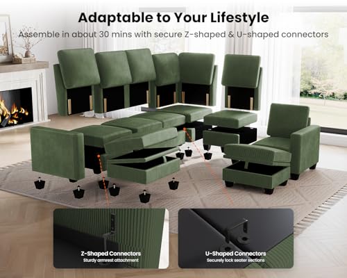 Image of CHIC HOUSE Modular Corner Sectional Sofa with Storage, Corduroy L-Shaped Couch, Compact Small Space Furniture for Living Room & Apartment (Green, 5 Seater L-Shaped)