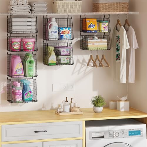 4-Pack Hanging Laundry Room Organizer：Foldable Laundry Room Organizaton Wire Basket with 360°Rotating Hooks Space Saving Over Washer and Dryer Shelves - Metal Laundry Basket Storage, Black Patent