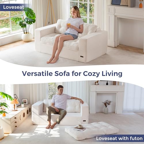 Image of MAXYOYO 63 inch Loveseat Sofa Couch for Small Spaces, Upholstered Boneless Cloud Couch for Apartment Bedroom, 2-Seater Love Seat Floor Modern Sofa with Pillows, No Assembly Required, Beige