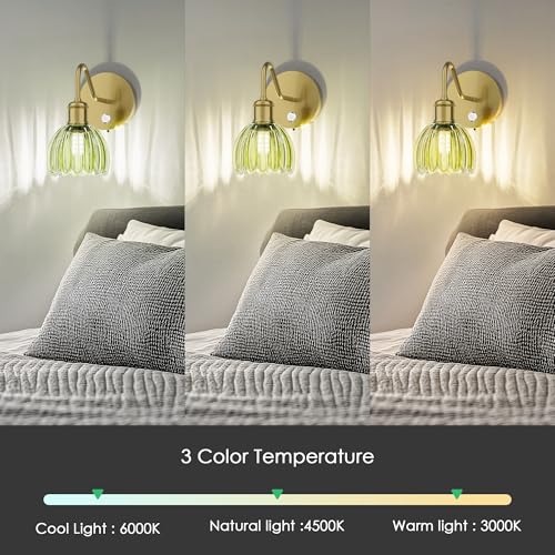 Image of 2 Pack Battery Powered Wall Sconce with Green Tulip Glass Lampshade, Rechargeable Dimmable LED Wall Sconce for Living Room, Hallway, Bedroom, Dining Room