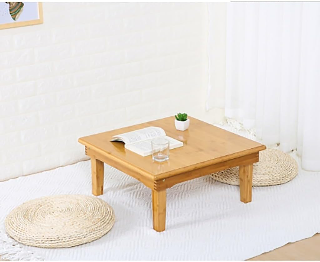 Folding Table, Japanese-Style Bamboo Low Tea Table，Home Square Dining Table，Study Table, for Sitting On The Floor Bedroom Bay Window (Size : 60x60x32cm)