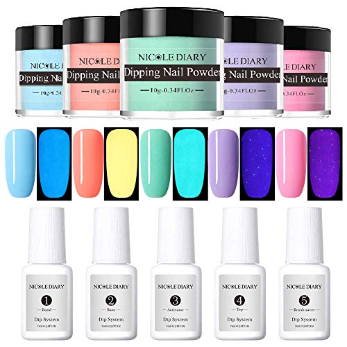 NICOLE DIARY Dip Unghie Starter Kit per unghie Luminoso per unghie Glitter System Liquid No Need UV/LED (con Bond, Base, Activator, Top, Brush Saver)