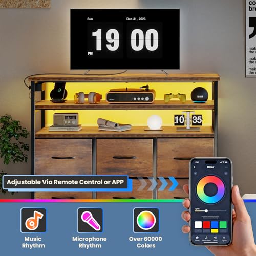 Image of DUMOS TV Stand for Up to 45 inch TV, Entertainment Center with Remote or App-Controlled LED Lights & Charging Station, Media Console Table with 6 Fabric Drawers, 2 Shelves for Living Room, Brown