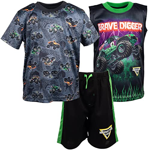 Monster Jam Toddler Boys 3 Piece Outfit Set: T-Shirt Tank Top Mesh Shorts Set Black 5T