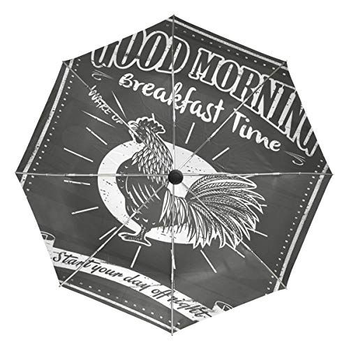 Wamika Parapluie de Voyage avec Panneau de Petit déjeuner Automatique Motif Coq Noir/Blanc Résistant au Vent Imperméable à l'eau Protection UV 3 Plis Ouverture/Fermeture Automatique Cover