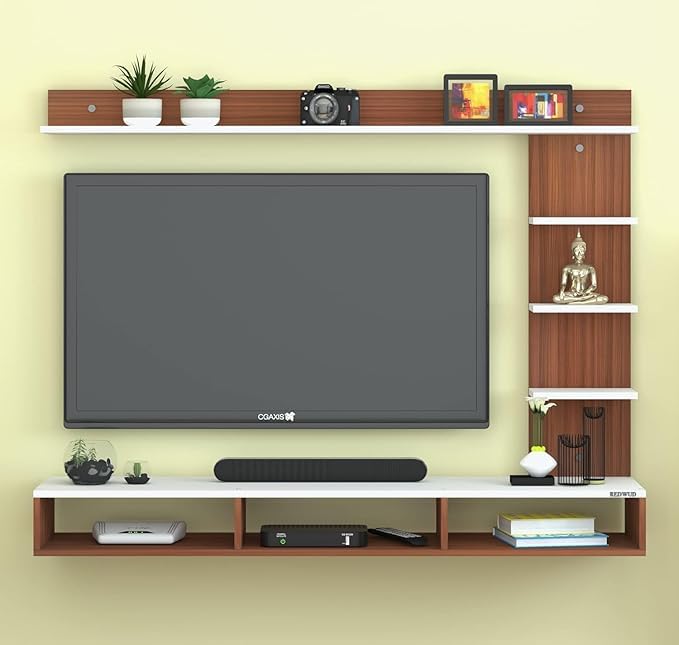 Image of Anikaa Tyron Engineered Wood Wall Mount TV Unit /TV Stand /Wall Set Top Box Stand /TV Cabinet /TV Entertainment Unit with LED Light (Walnut /White)(Ideal for Upto 42 inch)(D.I.Y)