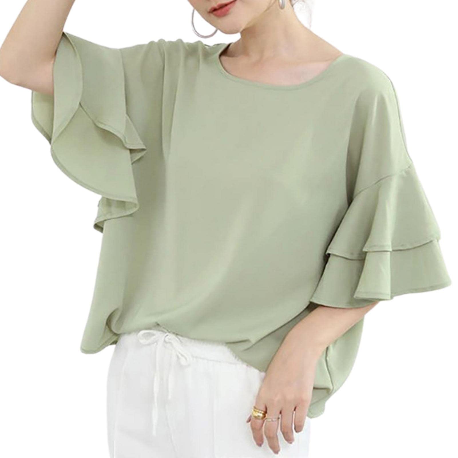 [MEME XTRA] メメエクストラ ブラウス レディース 半袖 夏 春 半袖tシャツ フリル フレア トップス カットソー 夏服 シフォン オフィス おしゃれ 大きいサイズ ゆったり 快適 シャツ 五分袖 丸襟 襟なし 無地 かわいい キレイめ 上品