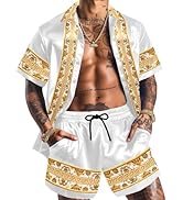 ZSJR Men Hawaiian Shirt Sets Satin Silk Casual Button Down Shirts 2 Piece Luxury Summer Beach Out...