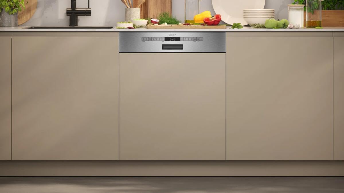 NEFF S145EVS04E, N 50, lavavajillas inteligente parcialmente integrado, 60 cm, cajón para cubiertos, sistema de cesta Flex II, programa favorito, fuerte rendimiento de limpieza, apertura automática de
