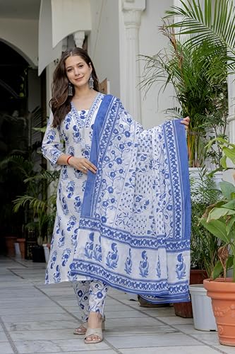 Image of PARTHVI Women's Cotton Printed Kurta Set with Pants & Dupatta | Elegant Ethnic Wear for Women | Floral Print | Comfortable Suit Set