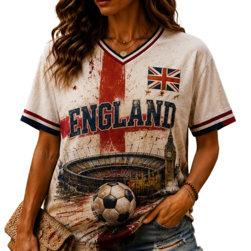 England Jersey 2026 World Soccer Cup Shirts for Women Playeras De England Print Soccer Jersey Tshirt V Neck Tops Football Team Clothes Casual Plus Size Tee Red Large