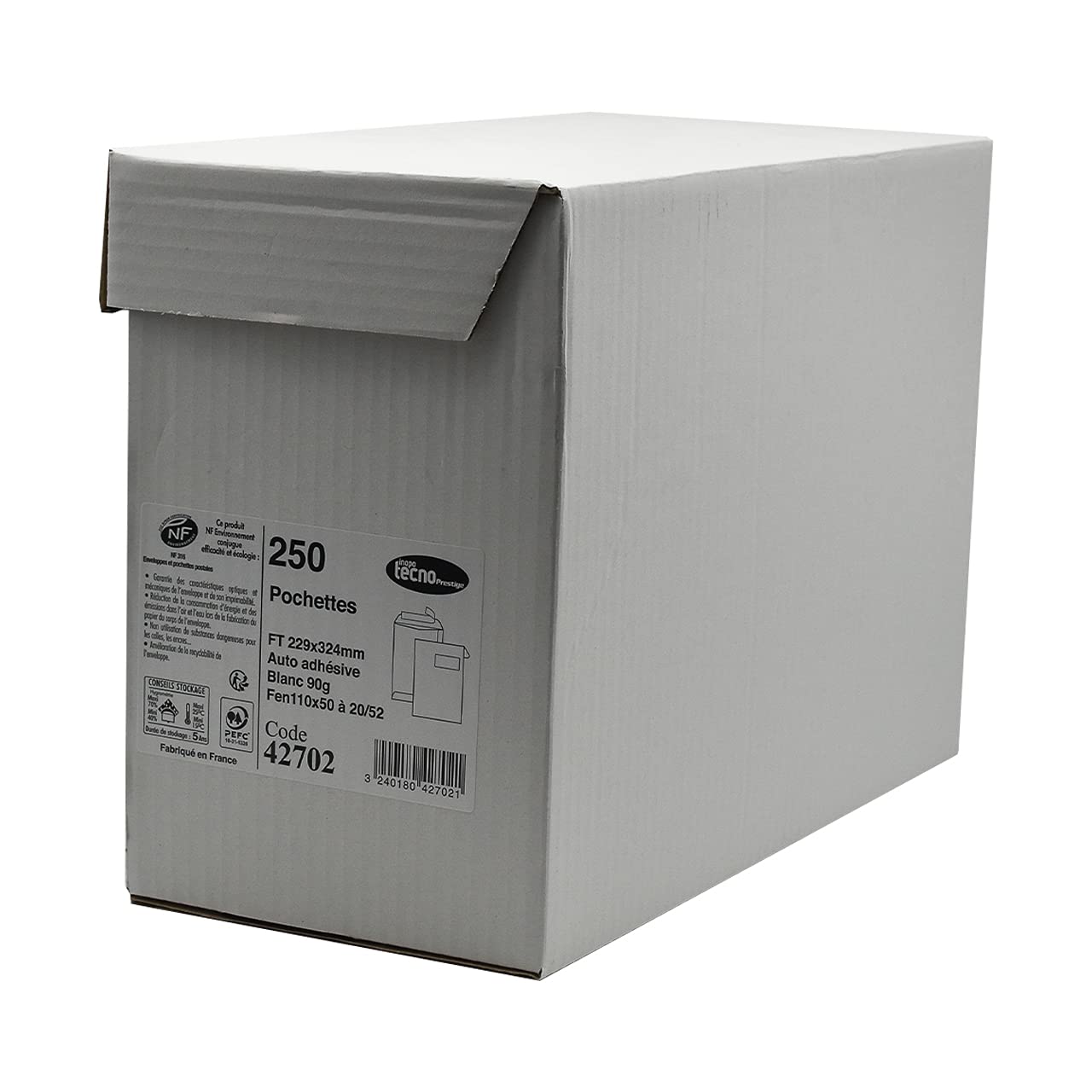 TECNO PRESTIGE, pudełko 250 ekstra białe, paski ochronne, 90g, format C4 229x324mm z oknem 110x50 do 52/20