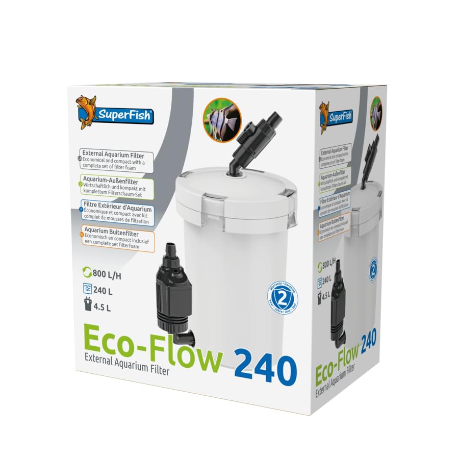 Superfish Eco-Flow 240, Filtre Externe pour Aquarium, Blanc, 800 L/h, Capacité 4,5 L, pour Aquariums jusqu'à 240 L, avec Mousses de Filtration