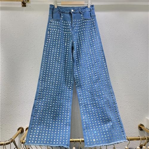 Women's High Waist Straight Wide Leg Jeans Single Diamond Decoration Loose Jeans Suitable for All Seasons3