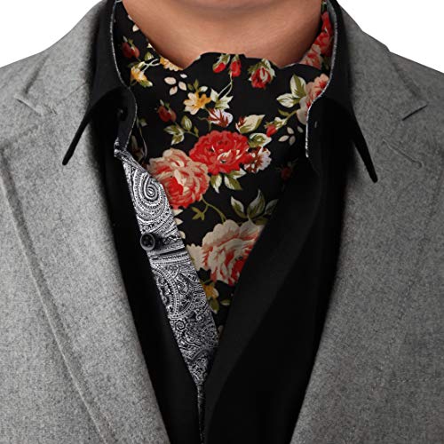 Dan Smith C.C.AQ.I.041 Black Red Green Rosy Brown Extra Long Ascot Tie Floral Cotton Formal Cravats for Men's Suit - Thumbnail 3