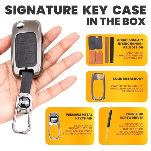Image of Car Key Cover Compatible with Polo Vento Jetta Ameo Passat and Skoda Rapid Laura Superb Octavia Fabia Yeti 3-Button Smart Flip Key (Dual Leather Metal (Black & Brown))