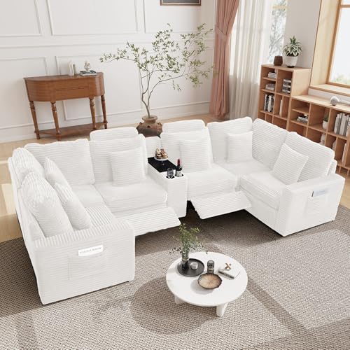 Image of RARZOE Oversized Modular Sectional Sofa with 2 Power Recliner, 6-Seater U-Shaped Corduroy Reclining Couch with Storage Console Charging Cup Holders, Sectional Reclining Couches for Living Room,White