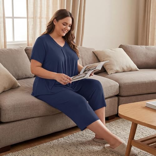 Image of Bestbee Women's Pajama Sets 2 Piece Lounge Outfits Summer Sleepwear V Neck Short Sleeve Capri Pant With Pockets Ladies Pjs