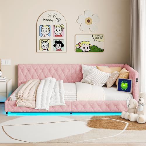 BursDany - Cama infantil acolchada (140 x 200 cm, con iluminación LED y puertos USB/C, sofá cama en L, para niñas y adolescentes, peluche rosa (sin colchón)