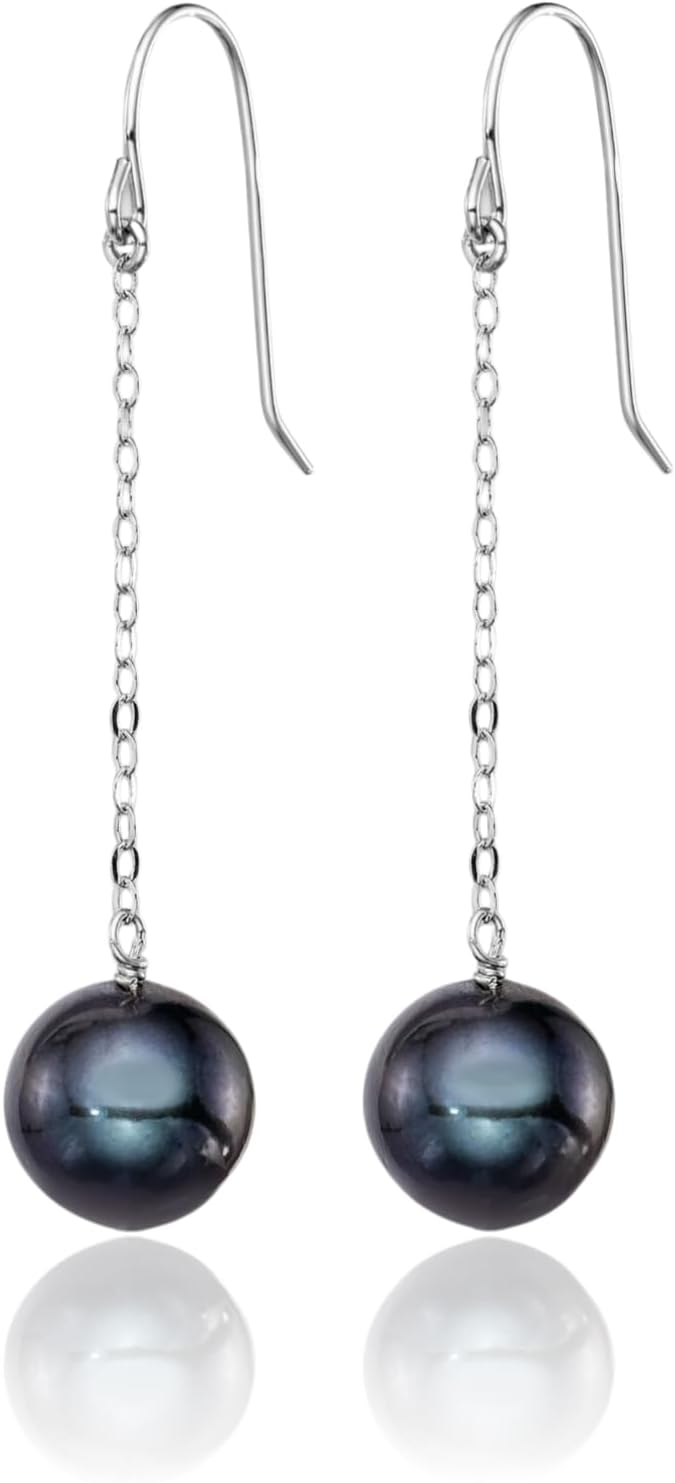IceCarats 925 Sterling Silver 9mm Freshwater Black Pearl Large Drop Dangle Earrings Prong Set, Shepherd Hook For Her