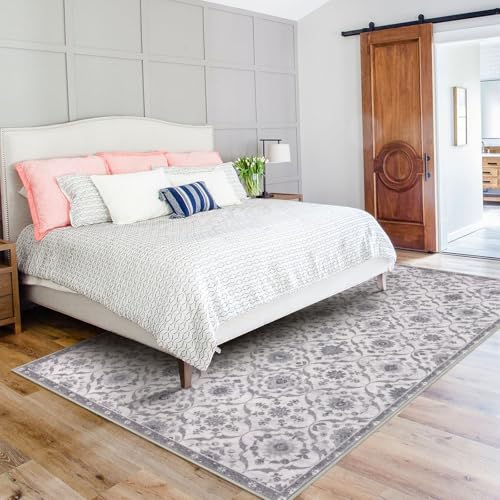 KILOCOCO 5x7 Area Rug, Moroccan Super Soft Washable Living Room Vintage Rug, Non-Slip Large Print Faux Wool Throw Indoor Rug for Entryway Bedroom Office Carpet, Grey