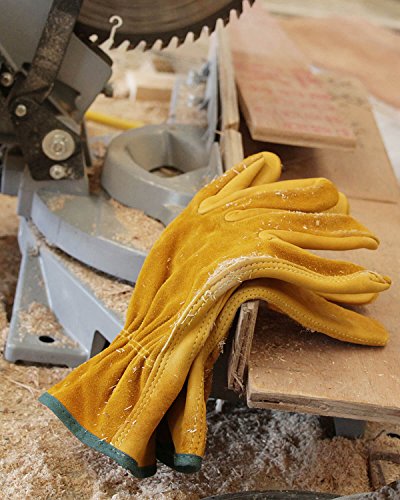 OZERO Leather Work Gloves Flex Grip Tough Cowhide Gardening Glove for Wood Cutting/Construction/Truck Driving/Garden/Yard Working for Men and Women 1 Pair (Gold,Medium)