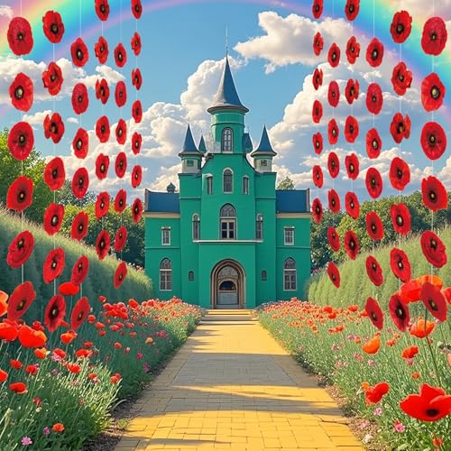Image of Fullhawl 8 Pcs Wizard Themed Party Decorations Red Poppy Garland Artificial Poppy Flower Paper Garlands Hanging Banner Cutouts for Classroom Wizard Party Birthday Shower Memorial Day Supplies