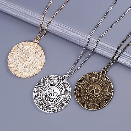 Pirates of the Caribbean Skull Coin Medallion Necklace Pirate Costumes, Aztec Gold Coin Accessories, Halloween Party Jewelry Gifts2