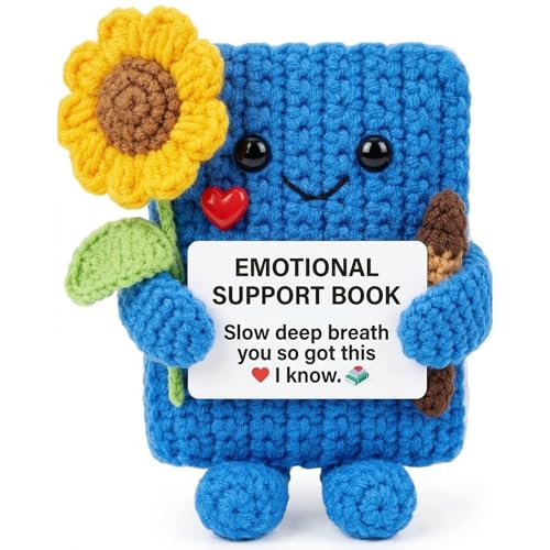 Haraketlt Emotional Support Book Crochet Plush, Cute Mini Knitted Doll with Sunflower & Positivity Card, Handmade Desk Decor Gift for Book Lovers, Teachers, Librarians, Readers & Stocking Stuffer