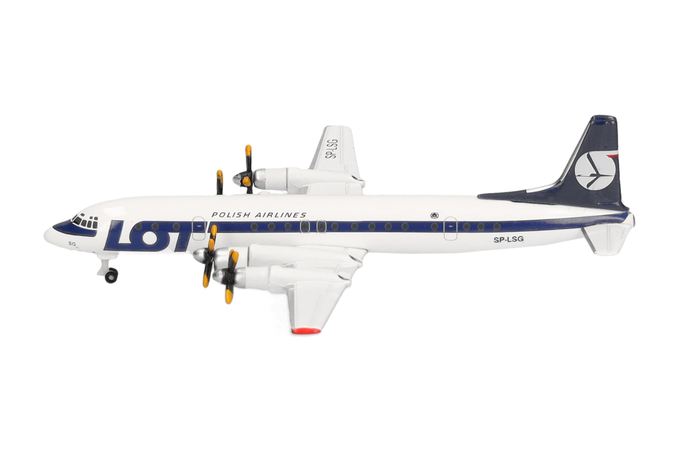 Herpa model samolotu LOT Polish Airlines Ilyushin IL-18 (późne barwy), miniatura w skali 1:500, model kolekcjonerski, model samolotu bez podstawki, metal